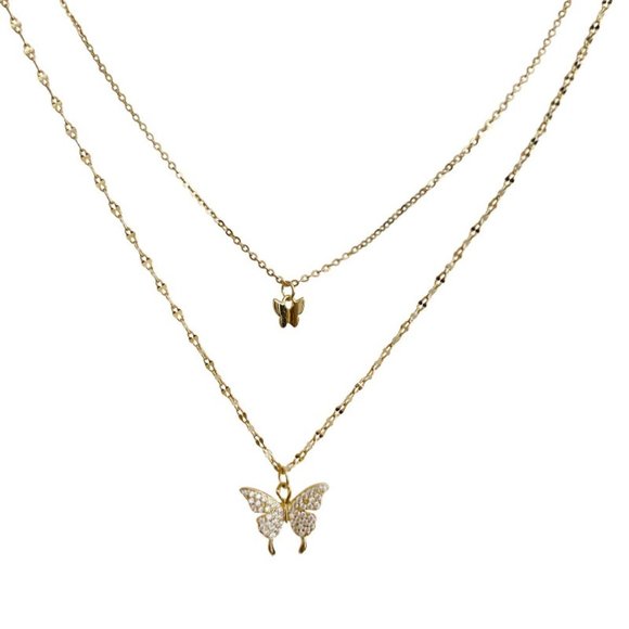 NEW Silver Gold Cute Double Layer Shiny Butterfly Necklace - Picture 5 of 6